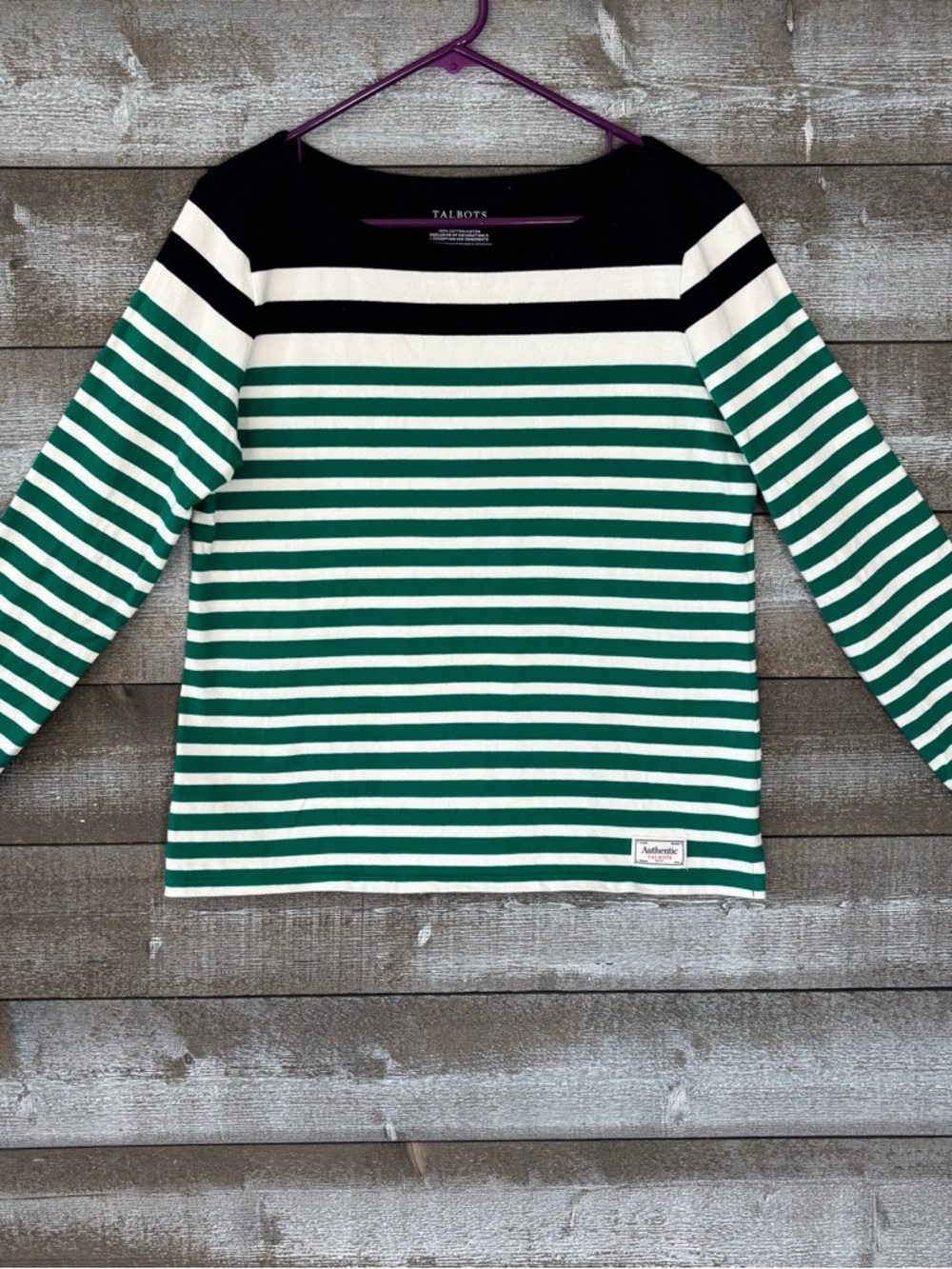 Talbots Green, Blue & White Striped Knit Top 100% Cotton